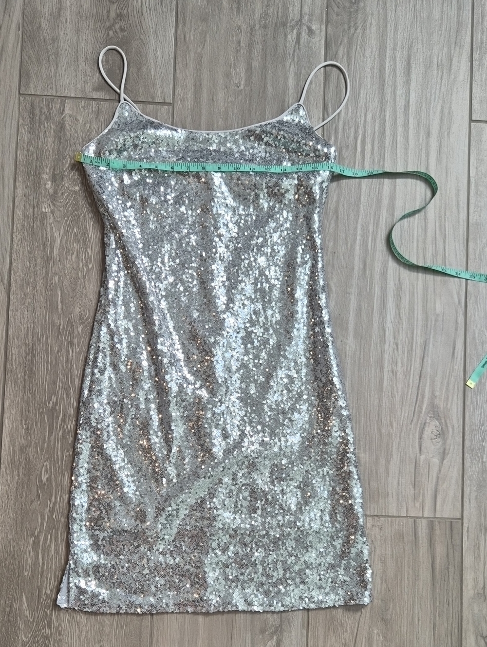 bebe Silver Sequin Spaghetti-Strap Mini Dress